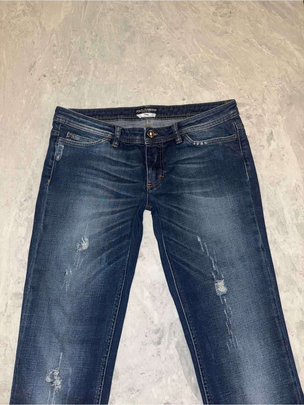 Dolce & Gabbana Vintage Low Rise Dark Wash Distressed Slim Jeans